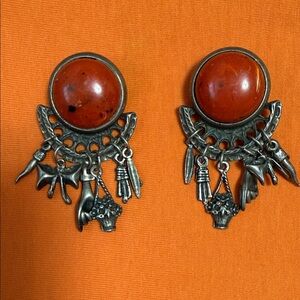 Vintage Silver and Brown Stones Dangle Clips Handmade